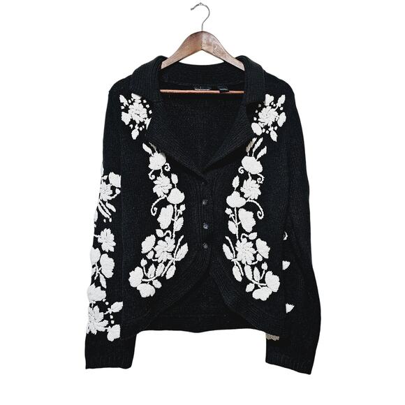 Moda International Cardigan Sweater Black Chunky Embroidered Size L Granny - Picture 1 of 7